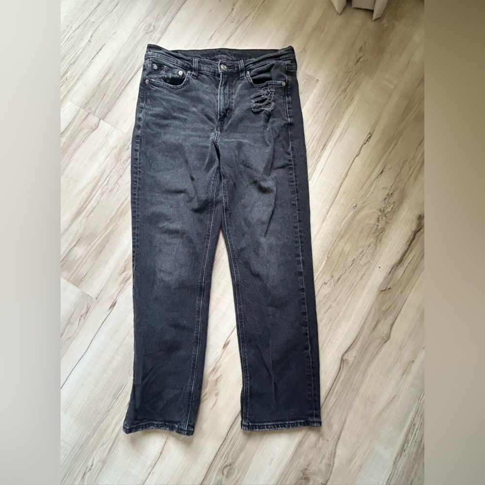 Womens Black Distressed Straight-Leg Jeans